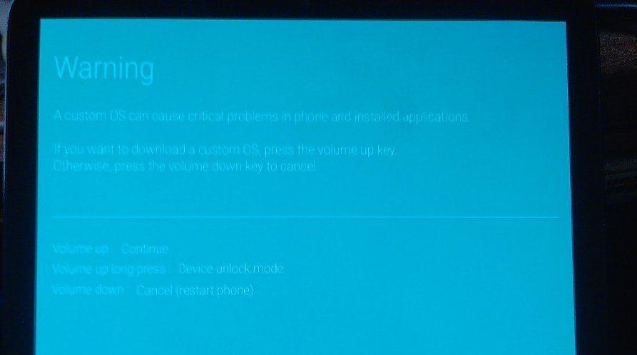 Blue screen displaying Warning about installing Custom ROMS
